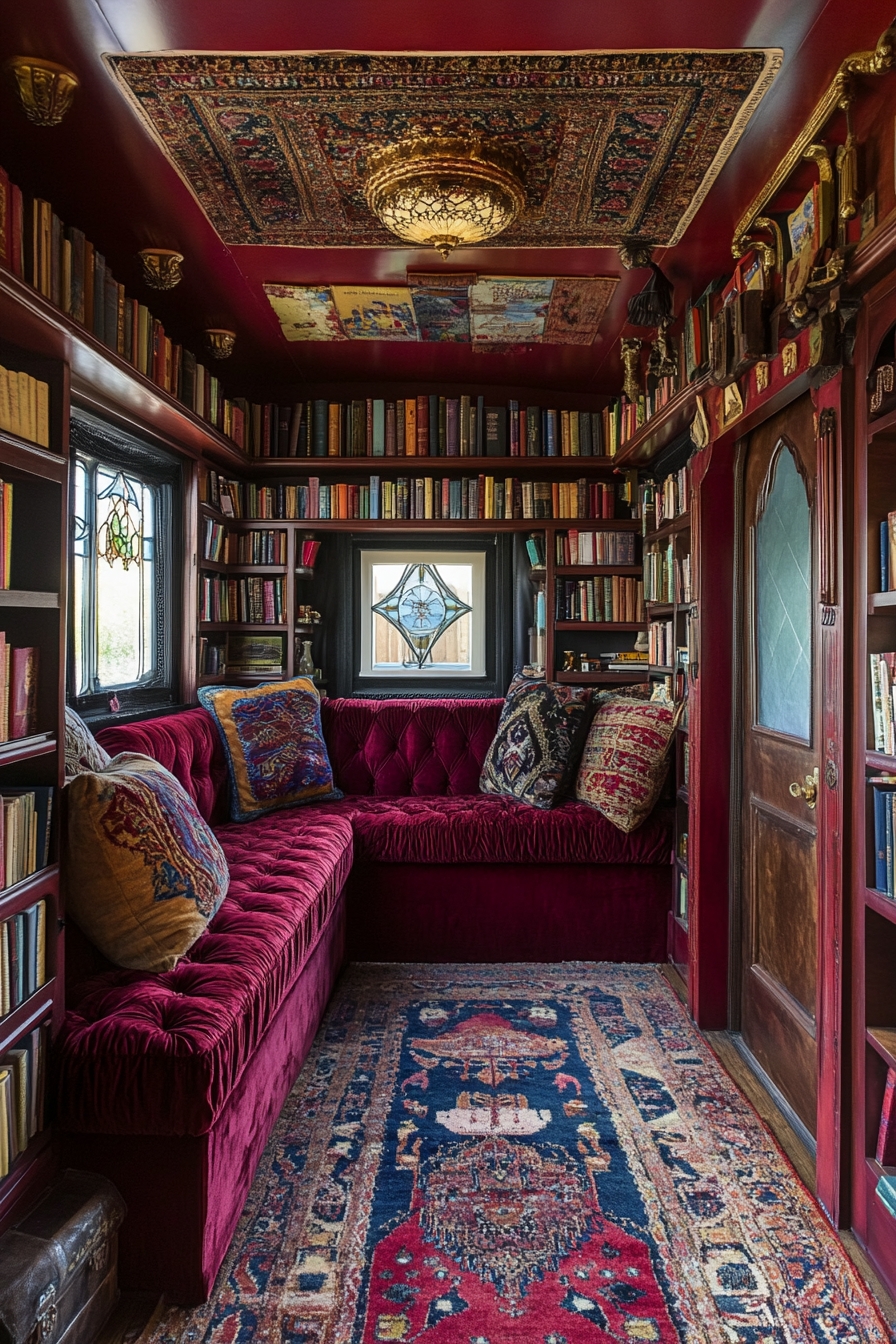 Wide angle view of storybook-inspired mobile library. Velvet covered reading nook with ornate rugs.