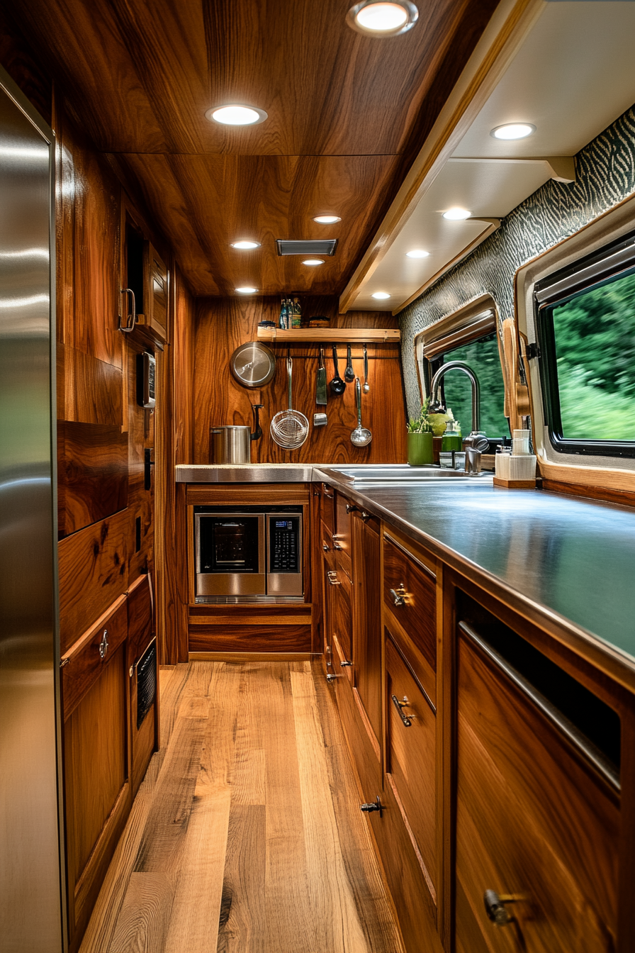 Wide angle view. Classic camper kitchen, teak cabinets, retro-inspired hardware.