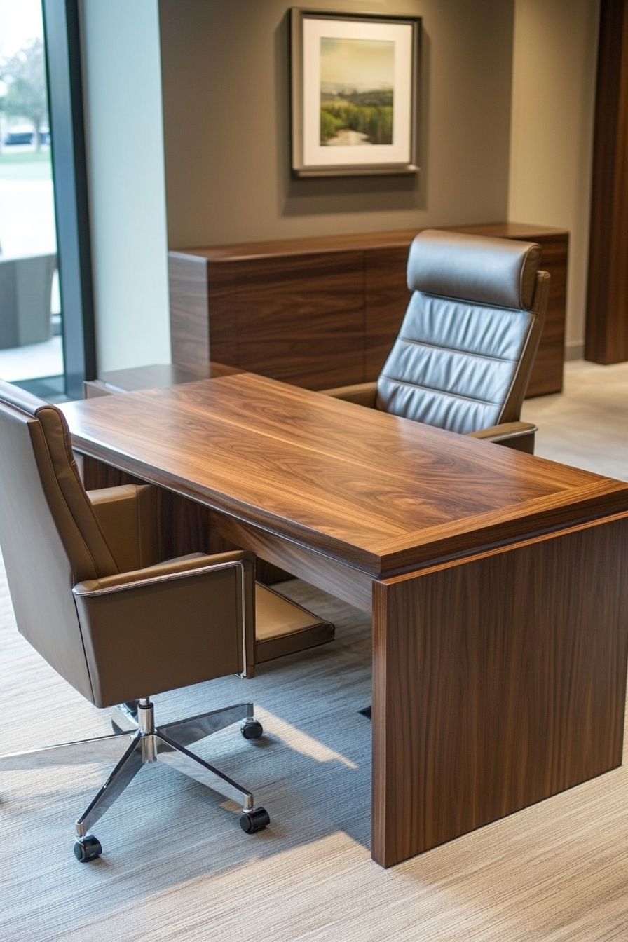 Wide angle view. Upscale mobile workspace with walnut desk and leather executive chair.