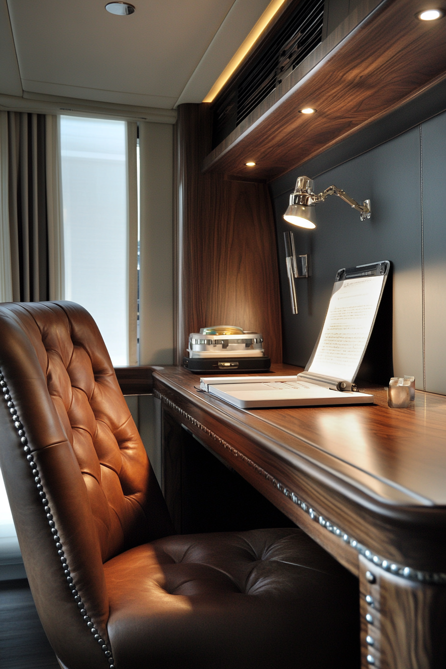 Upscale mobile workspace. Leather chair against a wide walnut desk.