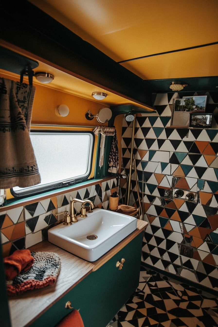 Wide angle of mid-century camper bathroom. Bold geometric tiles and brass fixtures.