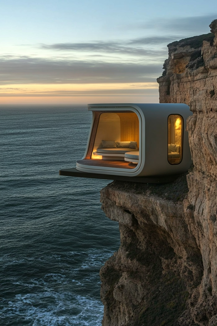 Wide angle view. Sleek tiny home platform with built-in seats, perched on ocean over-seeing clifftop.