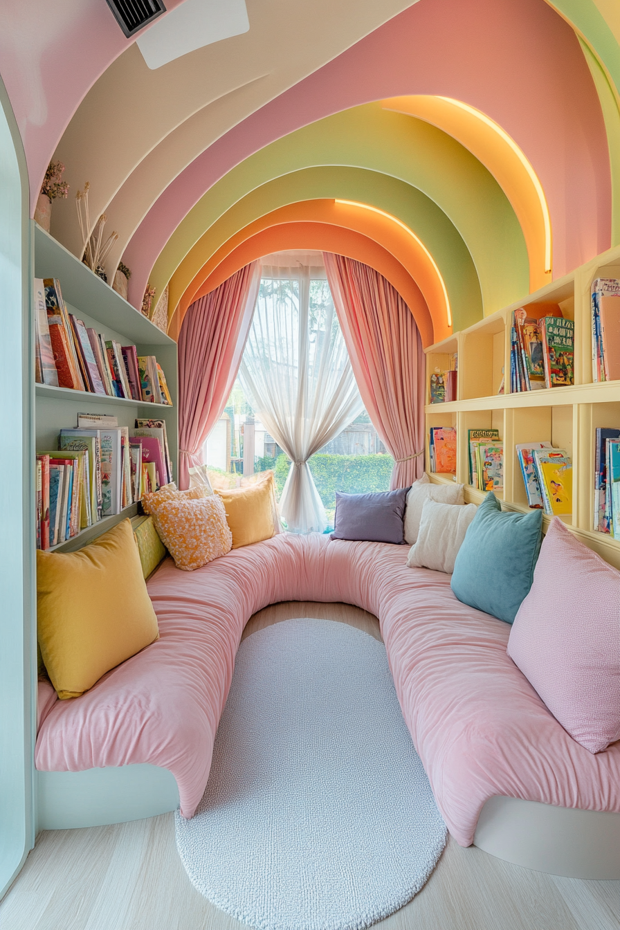 Wide angle view. Storybook-inspired mobile library with pastel colors and cozy reading corners.