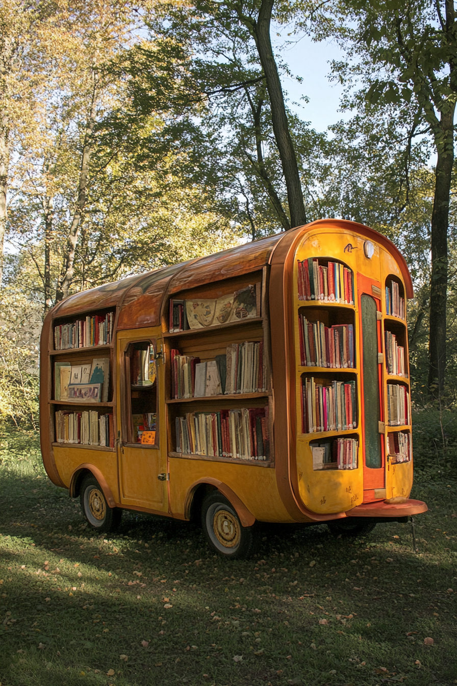 Wide angle view. Storybook-inspired mobile library