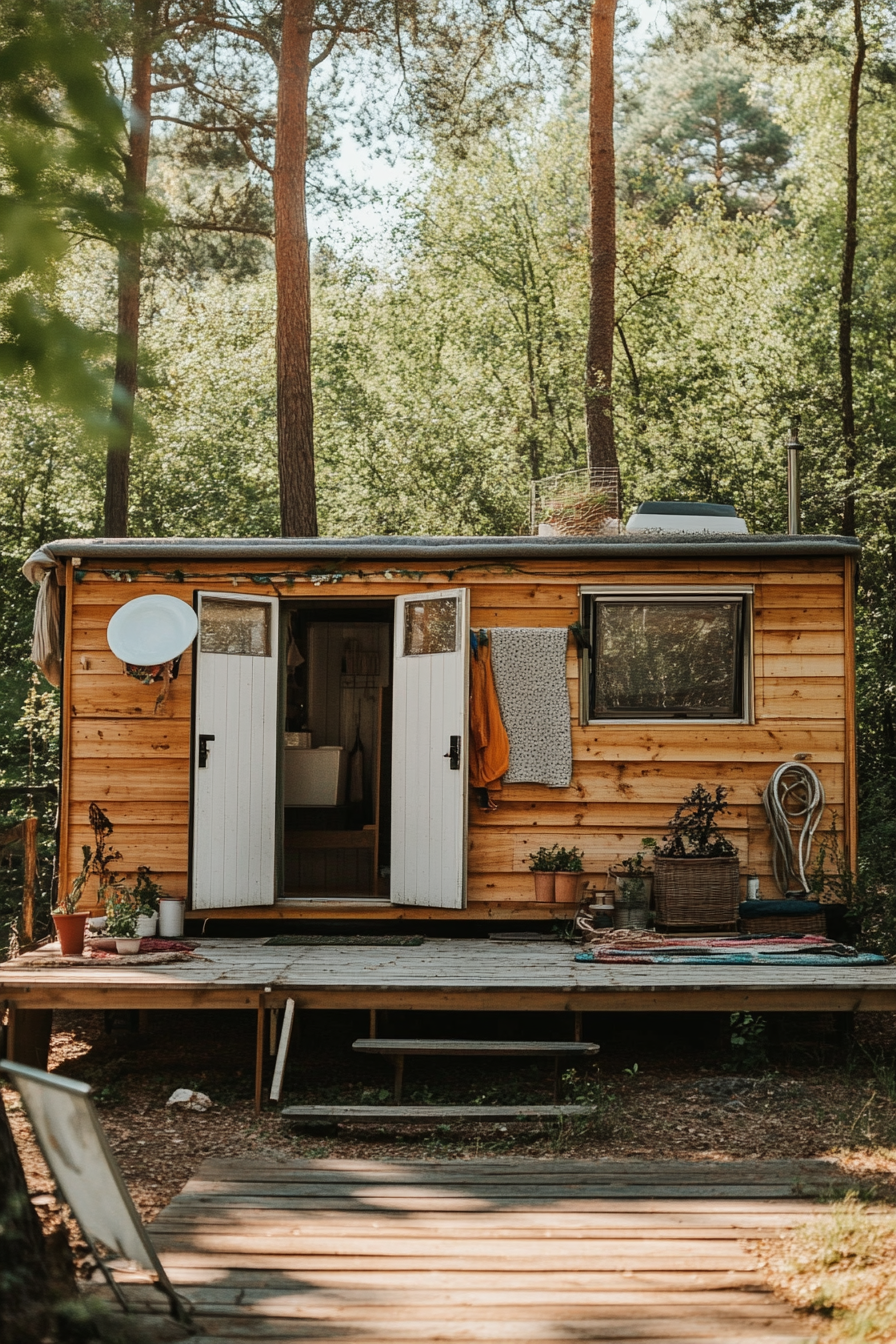 Natural mobile home. Wide angle view of light wood exterior, organic textile interiors.