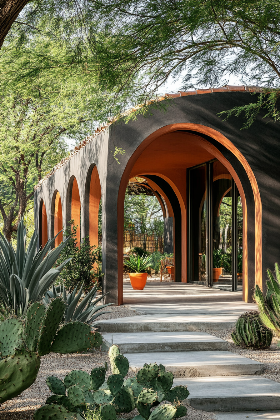 Wide angle view. Dark mobile home, arched details, terra cotta accents.