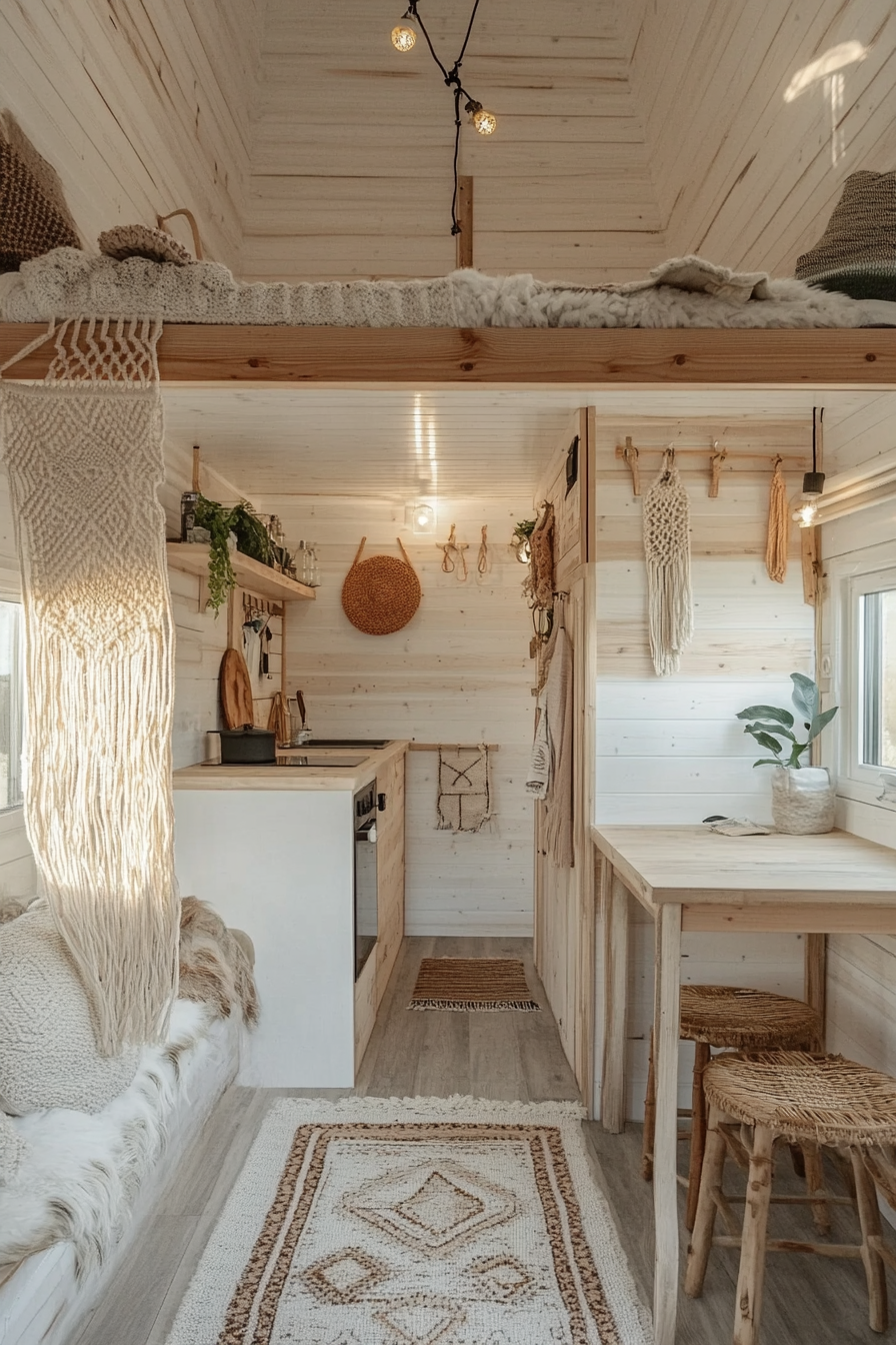 Wide view of natural mobile home, light woods and soft hanging macramempjes