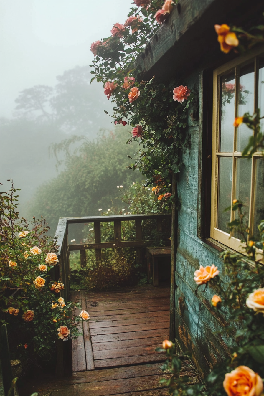 Wide angle view. Tiny house deck filled with flowers and climbing roses amid English countryside fog.