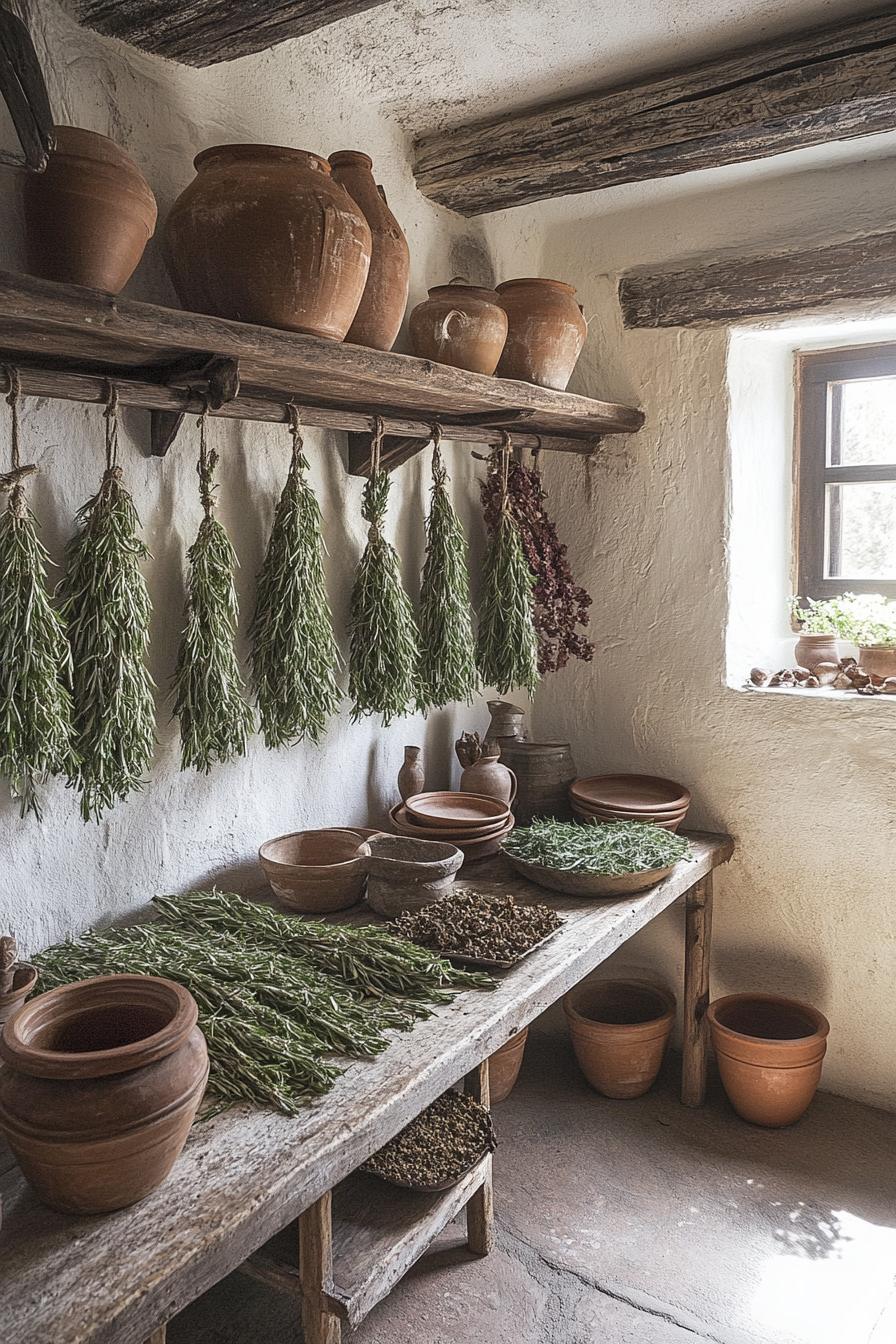 Provincial cooking space. Wide angle. Drying rosemary bundles, earthenware pottery.