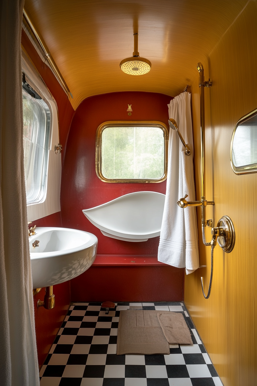 Mid-century camper bathroom. Checkerboard flooring, brass showerhead, boat-shaped ceramic sink.