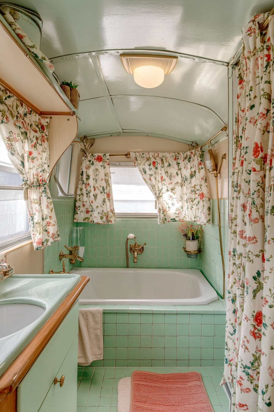 Mid-century camper bathroom. Mint green tiles, floral curtains, brass fixtures.