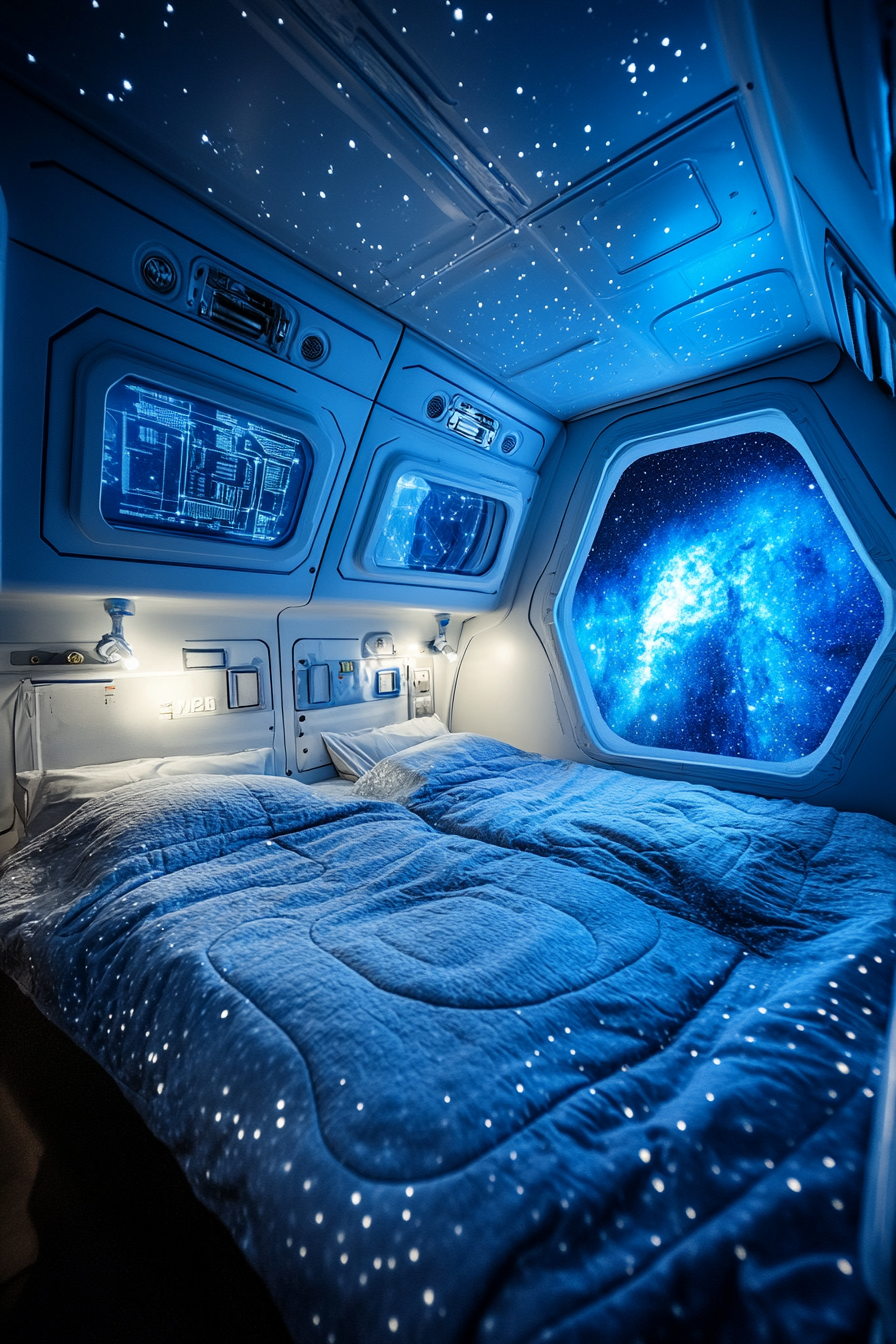 Wide-angle view. Space-themed sleeping quarters with azure nebula-colored star projections.