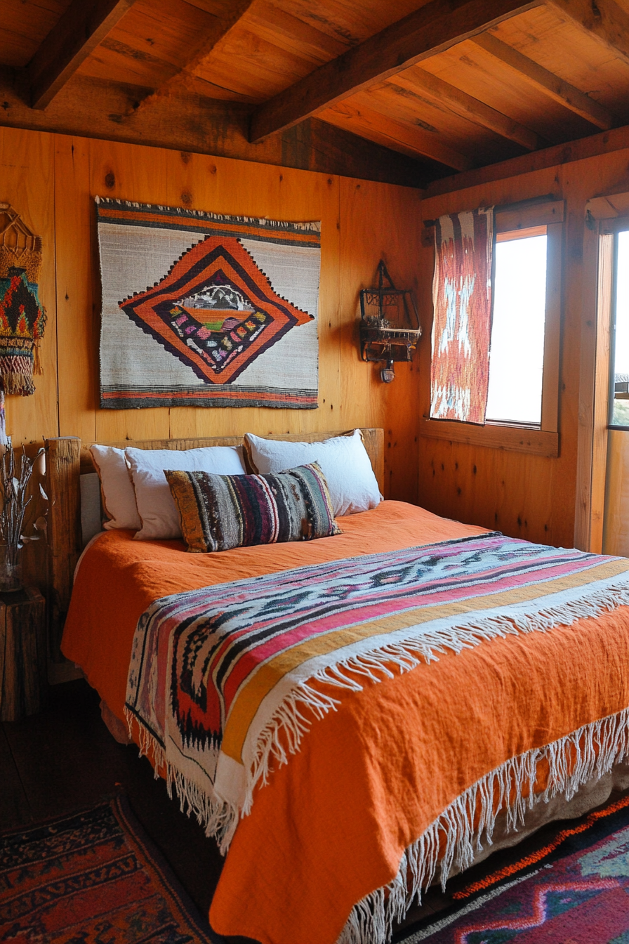 Wide angle view. southwestern tiny house bedroom. burnt orange linen, woven wall art.