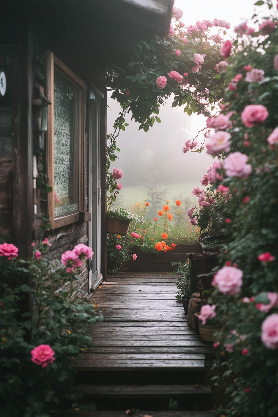 Wide angle flower-filled tiny house deck. Intertwined climbing roses, rolling English countryside, gentle morning fog.