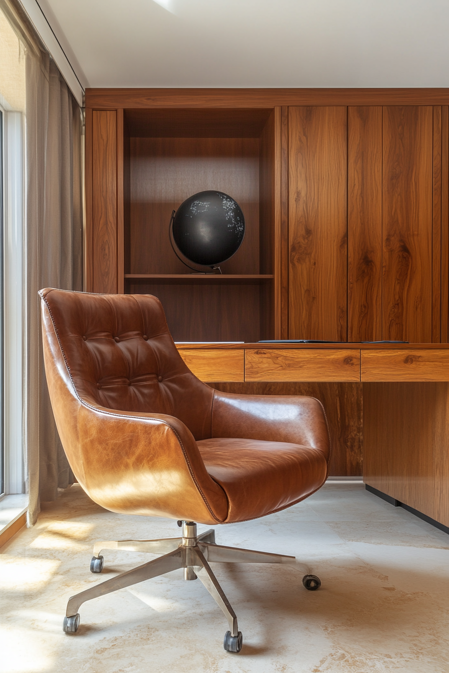 Wide angle view. Mobile workspace with brown leather armchair and walnut desk.