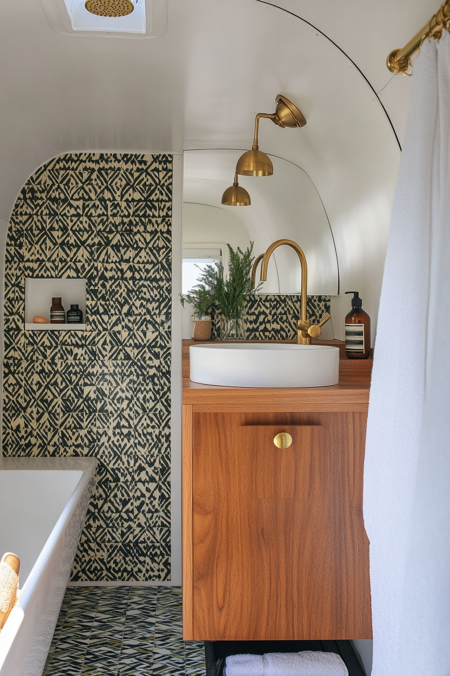 Mid-century inspired camper bathroom. Geometric patterned tiles and polished brass fixtures.