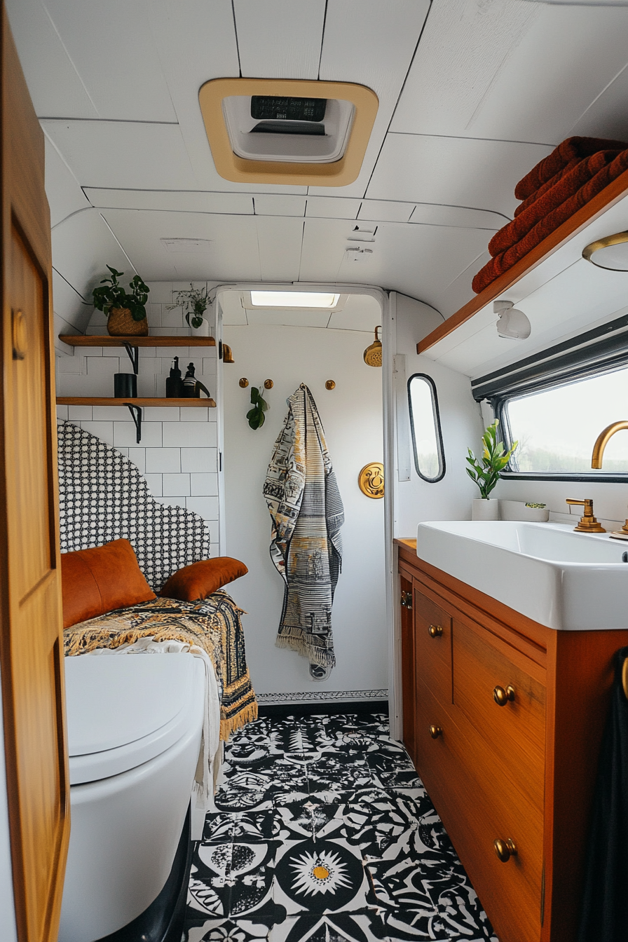 Wide angle view. Mid-century inspired camper bathroom. Bold patterns and brass fixtures.