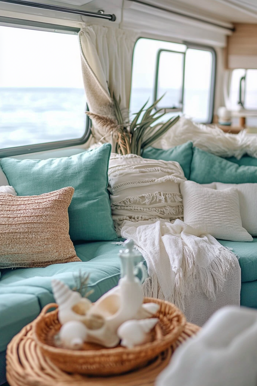 Coastal-inspired RV view. Natural rattan furniture, white shell necklace, and sea-blue upholstery.