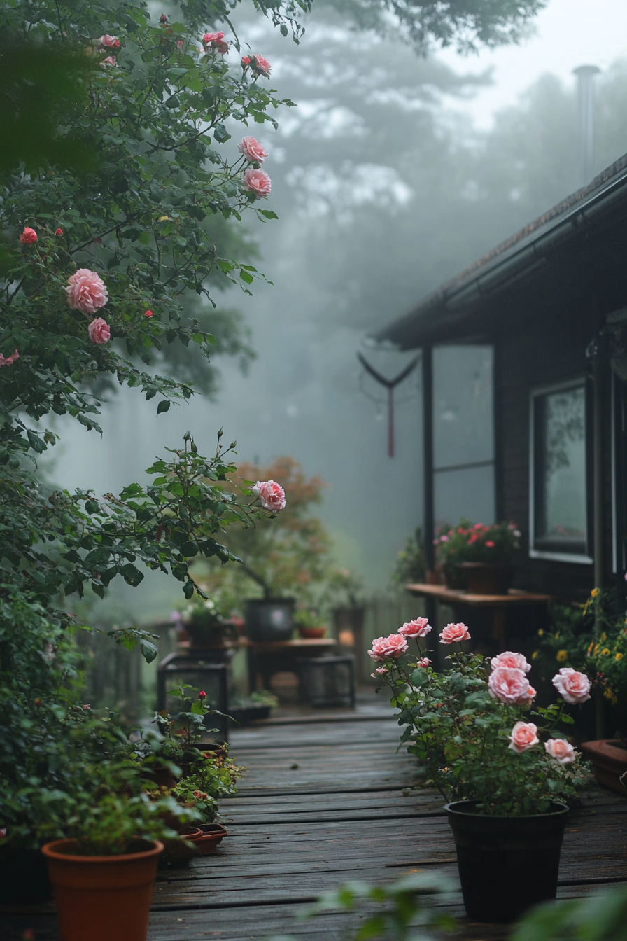 English countryside. Foggy morning, climbing roses on tiny house deck with brimming flowerpots.