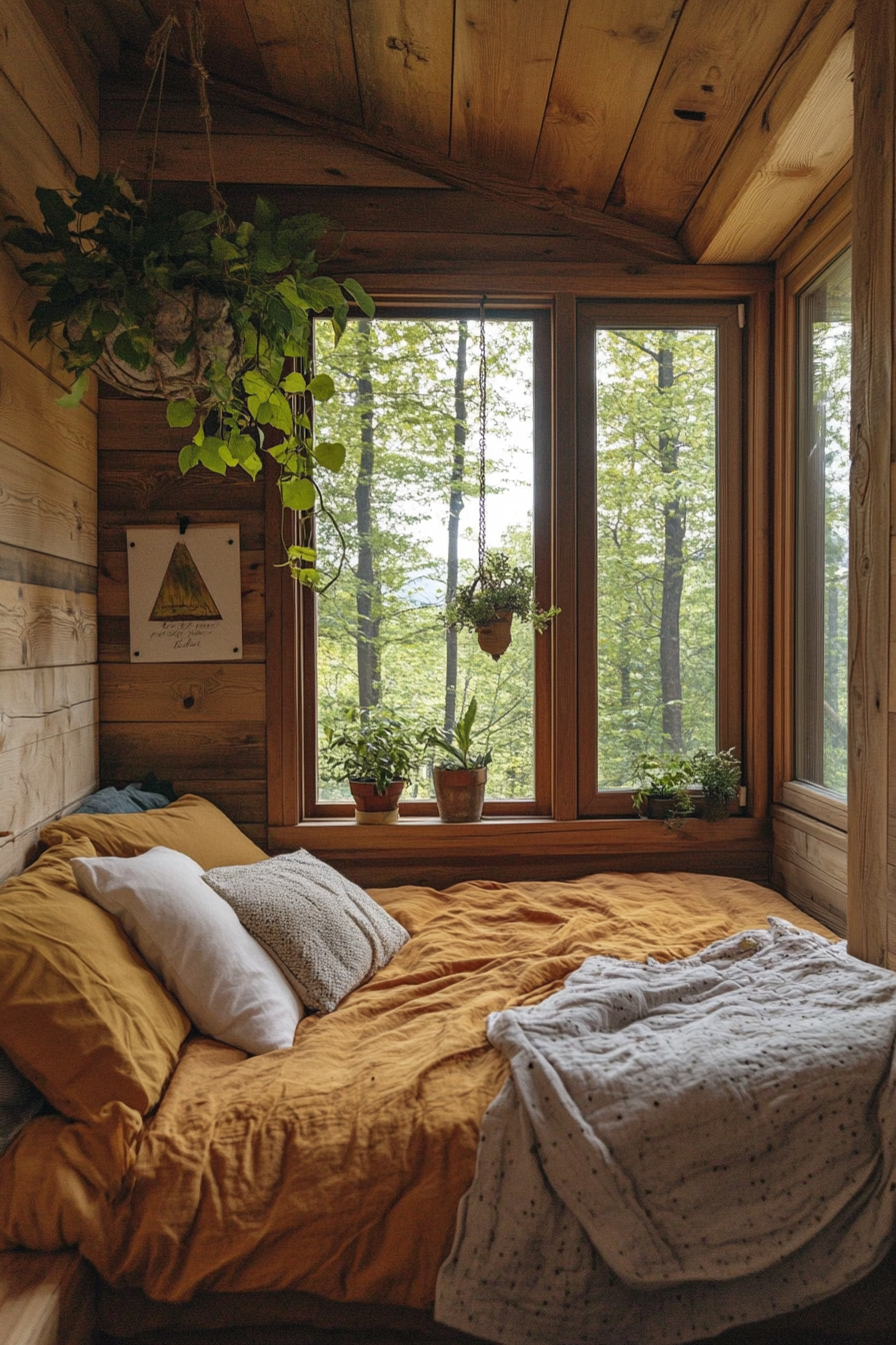 Wide-angle natural tiny house bedroom. Organic bedding, wooden walls, and a single hanging planter.