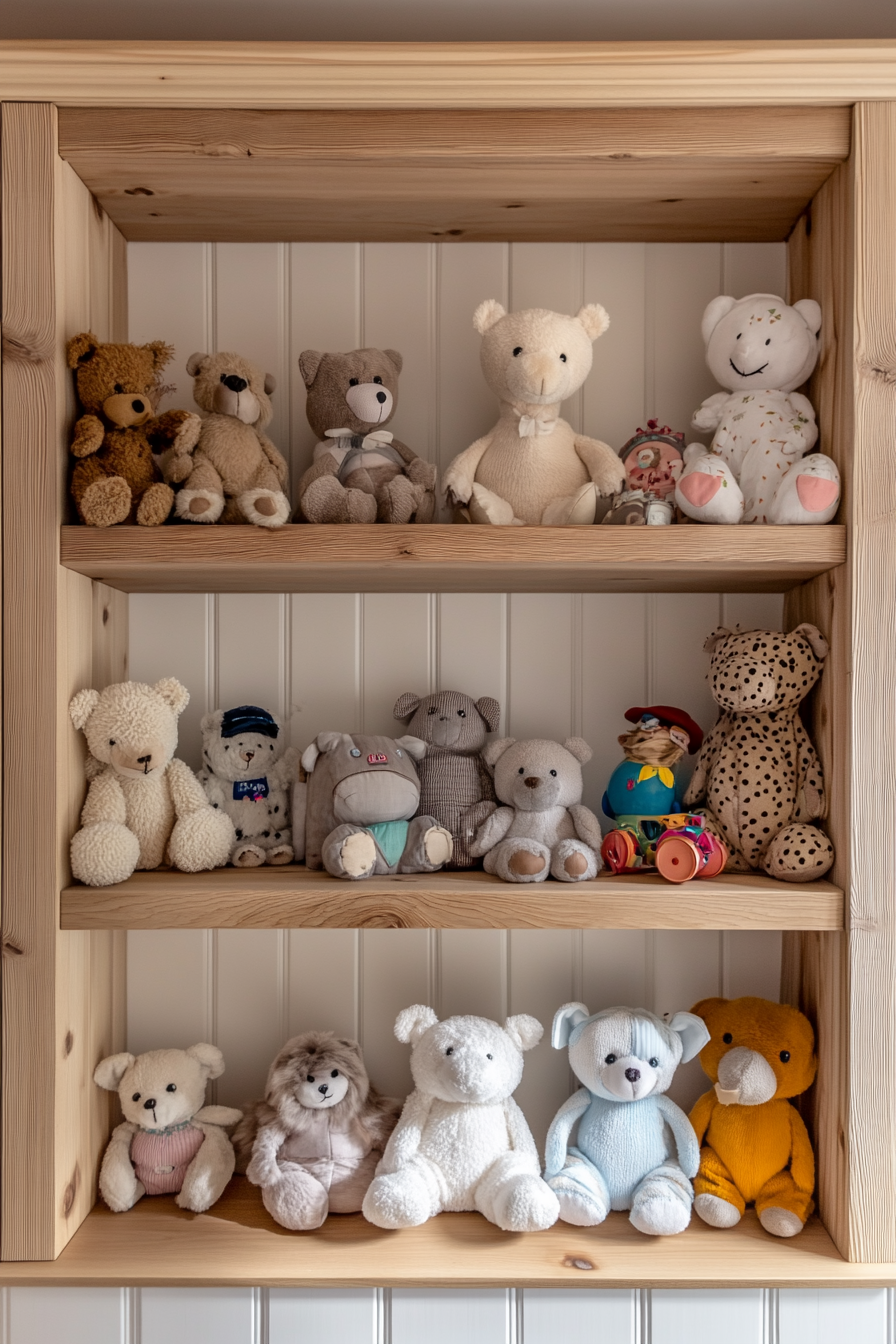 Nature-inspired baby room view. Low pine shelves filled with soft animal toy collection.