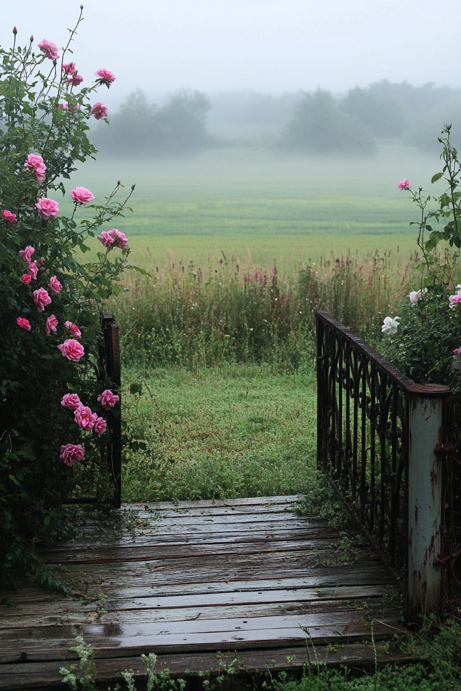 Tiny house deck scene. Morning fog, wild roses climbing wrought-iron rails, an expanse of verdant English fields.