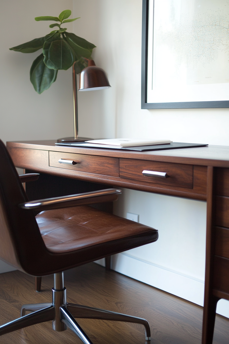 Professional mobile workspace. Rich mahogany desk with mid-century streamlined leather chair.