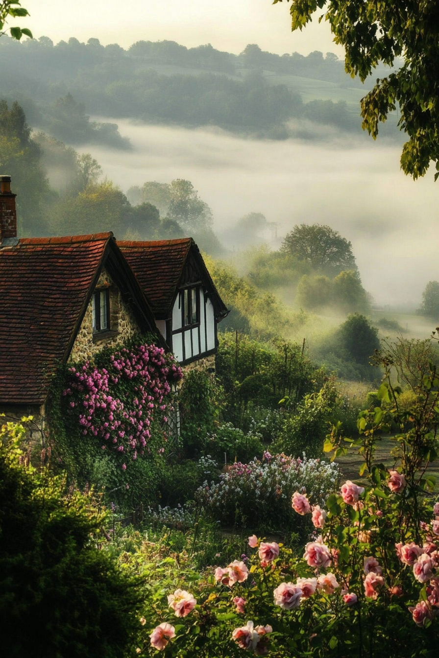 English countryside. Morning fog-covered hills past climbing-rosed tiny deck house full of flowers.