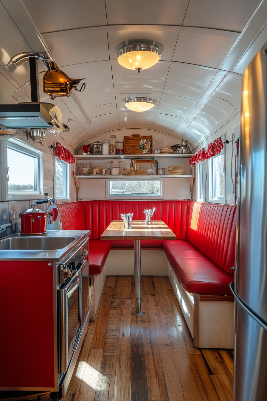 Wide angle view. Classic Americana tiny house kitchen. Chrome details and booth seating.