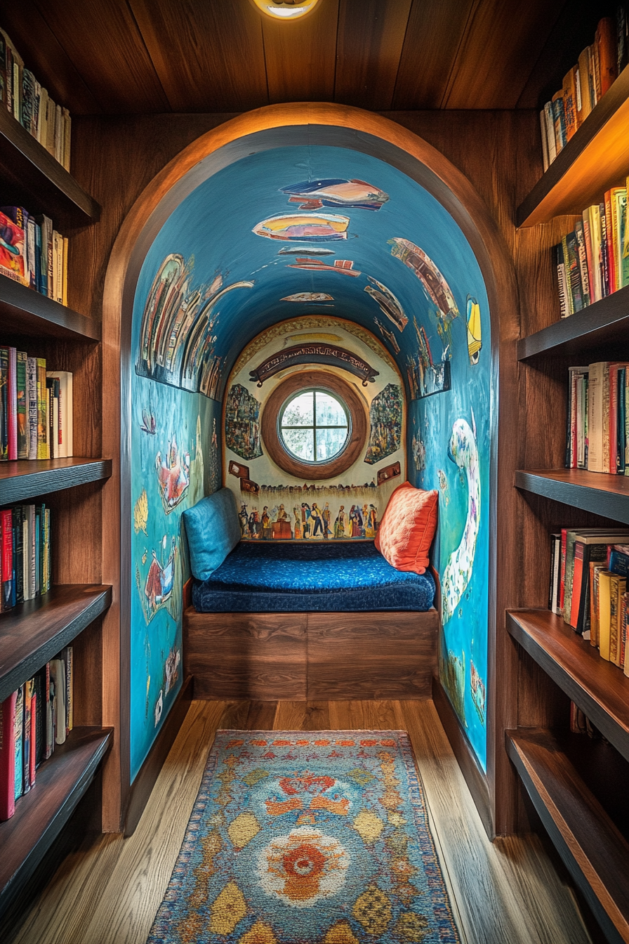 Wide angle view. Storybook-inspired mobile library, hidden nooks with dark-wood bookcases, whimsical murals.