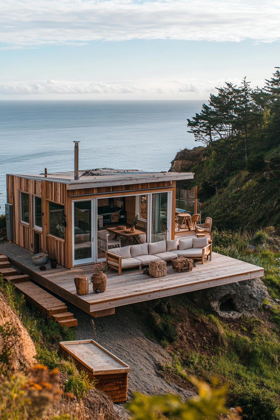 Wide angle view. Tiny home platform with ocean views and clifftop perched built-in seating.