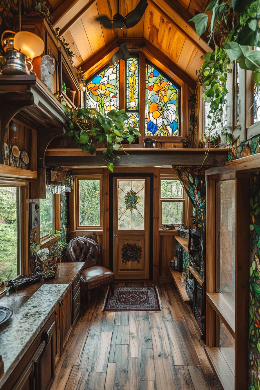 Wide angle view of a tiny house. Fern-filled with hand-painted ivy wallpaper and stained glass windows.