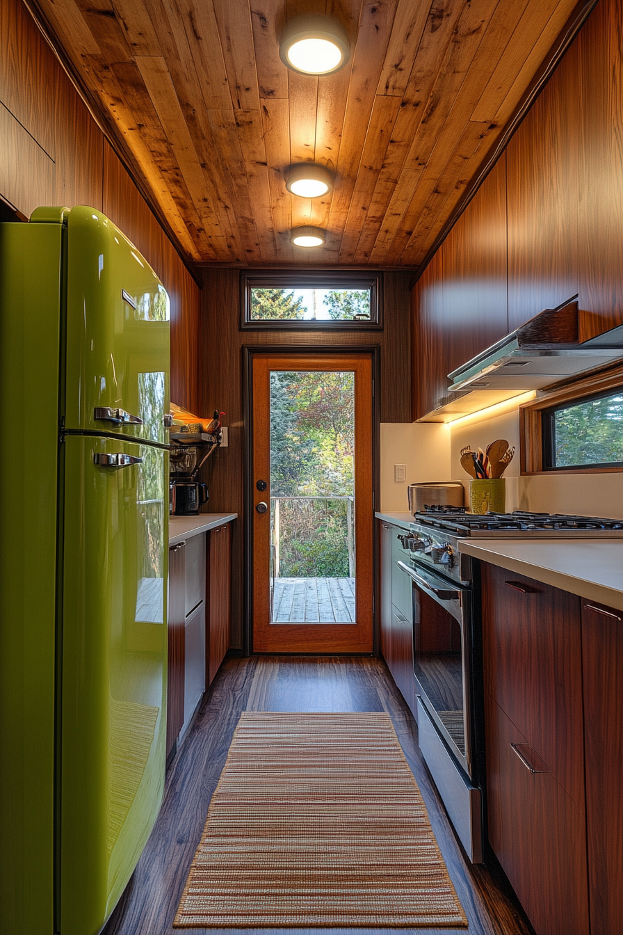 Wide angle view. Tiny house kitchen, sleek mahogany cabinets and avocado green refrigerator.