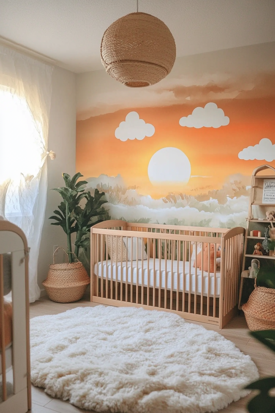 Nature-inspired baby room. Accent wall sunset mural, miniature greenhouse low shelf, corner cloud reading zone.