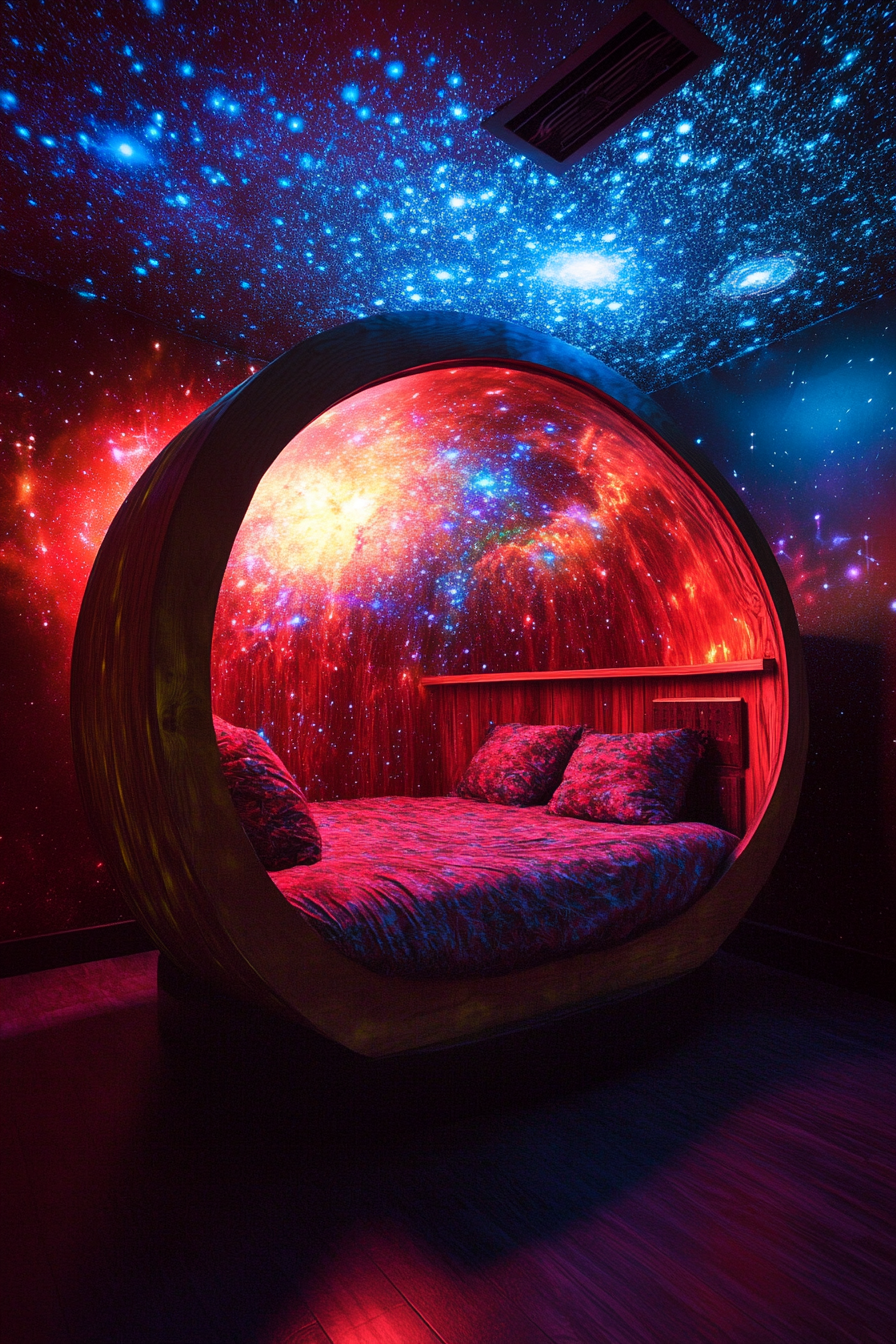 Space-themed sleeping quartets. Spherical room with galactic star projections and crimson nebula colors.