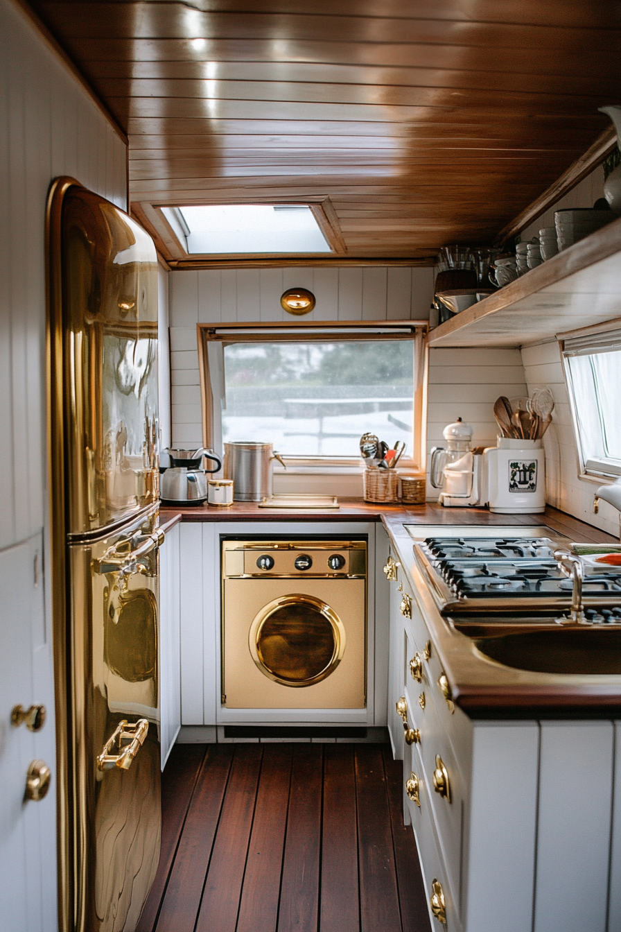 Wide angle view. Retro tiny house kitchen, glossy cabinets, brass vintage appliances.