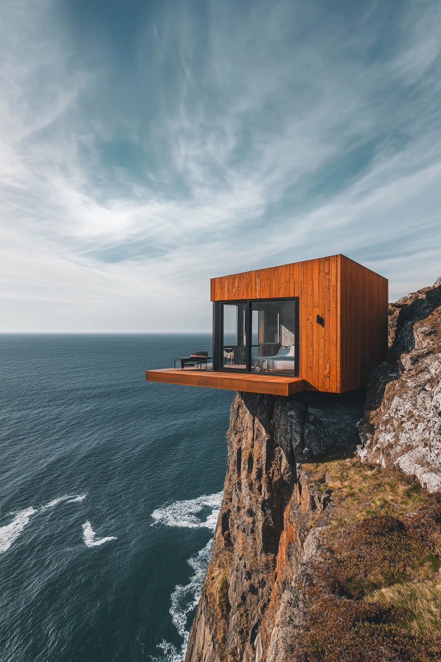 Wide angle view. Tiny home on clifftop, sleek platform with seating, panoramic ocean backdrop.