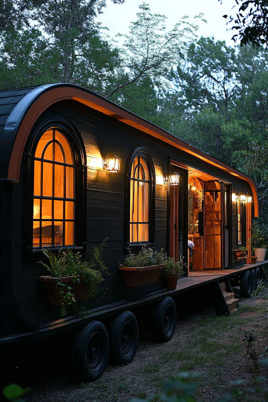 Wide angle view. Dark mobile home with terra cotta accents and arched details.