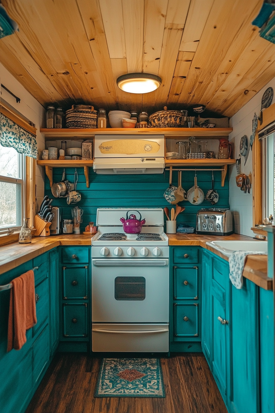 Wide angle view. Retro tiny house kitchen with glossy teal cabinets and cream vintage stove.