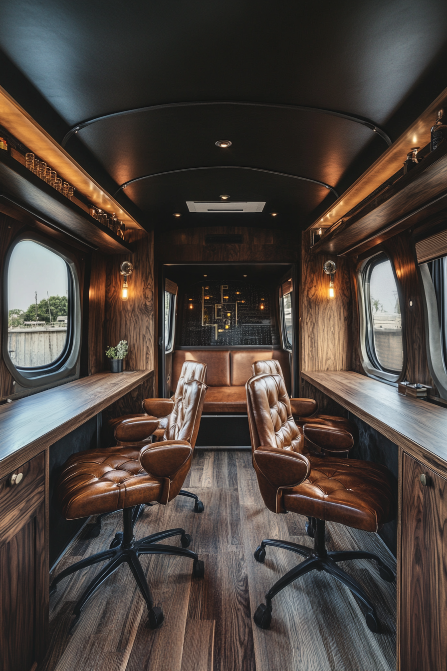 Wide angle view. Upscale mobile workspace with leather chairs and walnut wooden desk.