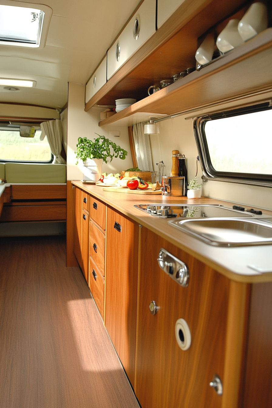 Wide angle view: classic camper kitchen, teak cabinets, retro hardware.