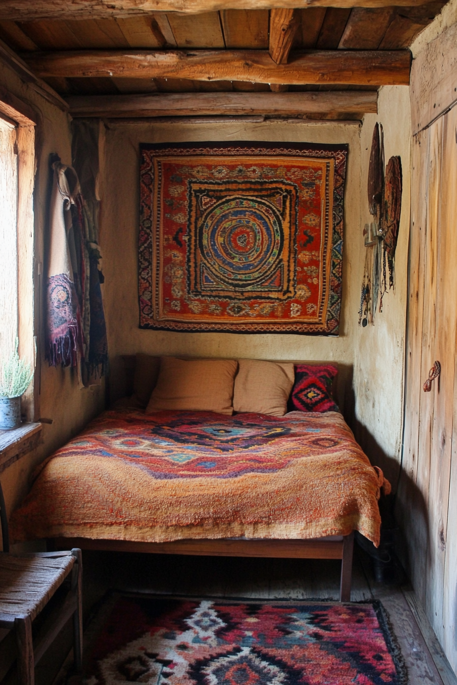 Southwestern tiny house bedroom. Warm sienna duvet on a rustic wooden bed against woven wall tapestry.