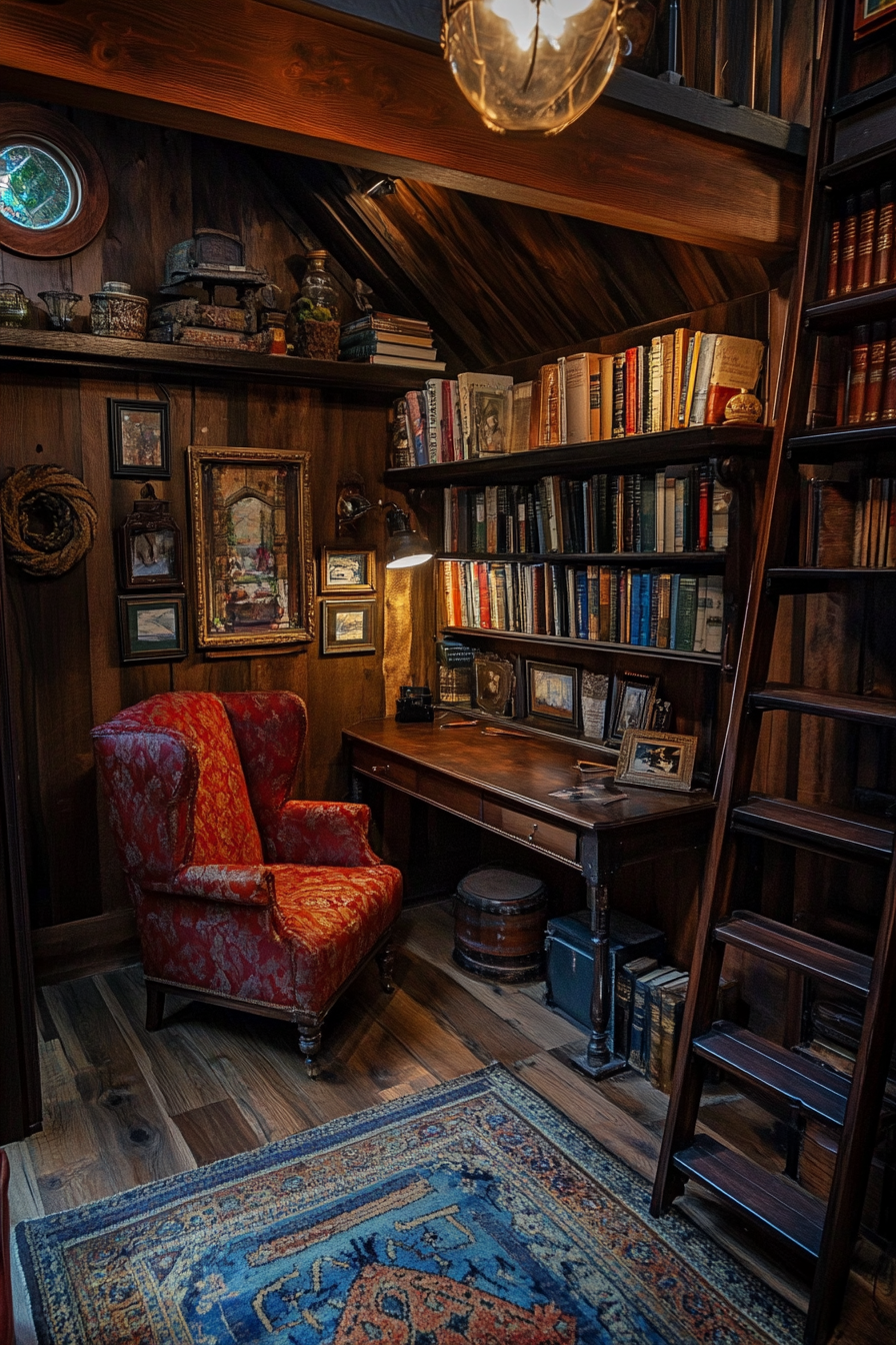 Wide angle view of dark academia tiny house library. Mahogany desk adorned with vintage books.