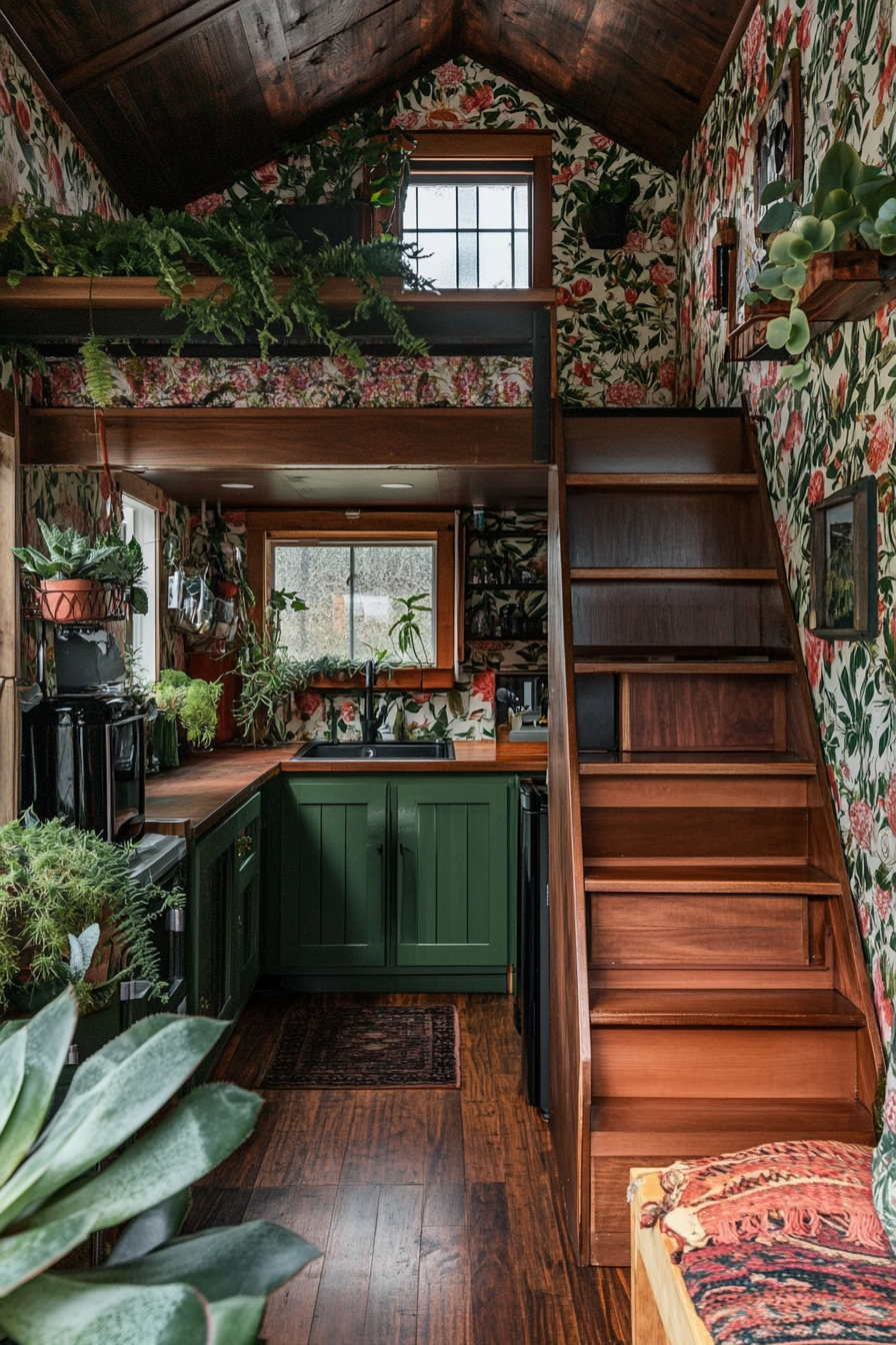 Wide angle view. Tiny house with succulents, ferns, greenhouse windows and floral wallpaper.