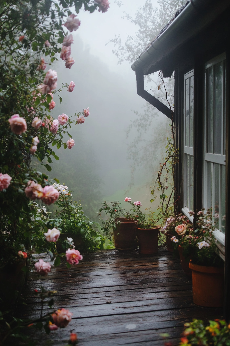 Wide-angle English countryside view. Tiny house deck with climbing roses and flower-filled pots in fog.