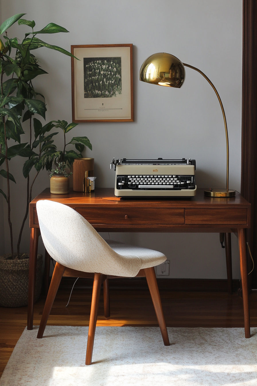 Professional mobile workspace. Wide angle, rich mahogany desk, vintage typewriter, curved brass lamp, mid-century chair.