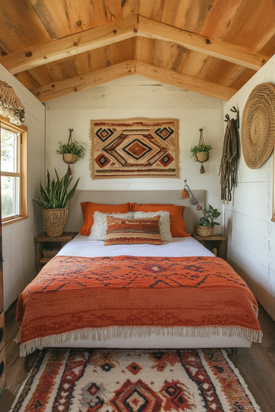 Southwestern tiny house bedroom. Queen-sized bed with terracotta blanket and woven wall art.