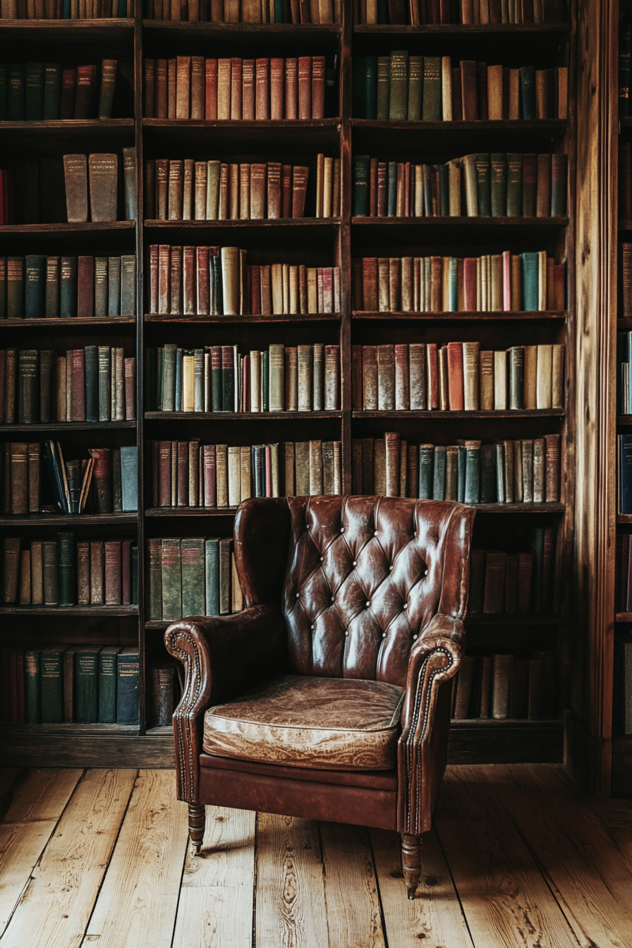 Wide angle view. Dark academia tiny house library. Vintage books on antique mahogany shelf.