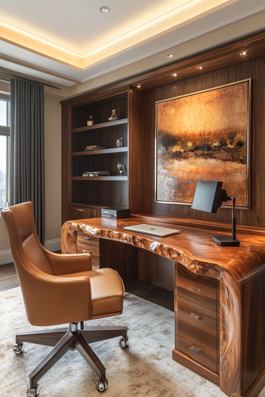 Wide angle view. Upscale mobile workspace, featuring a leather chair and walnut executive desk.