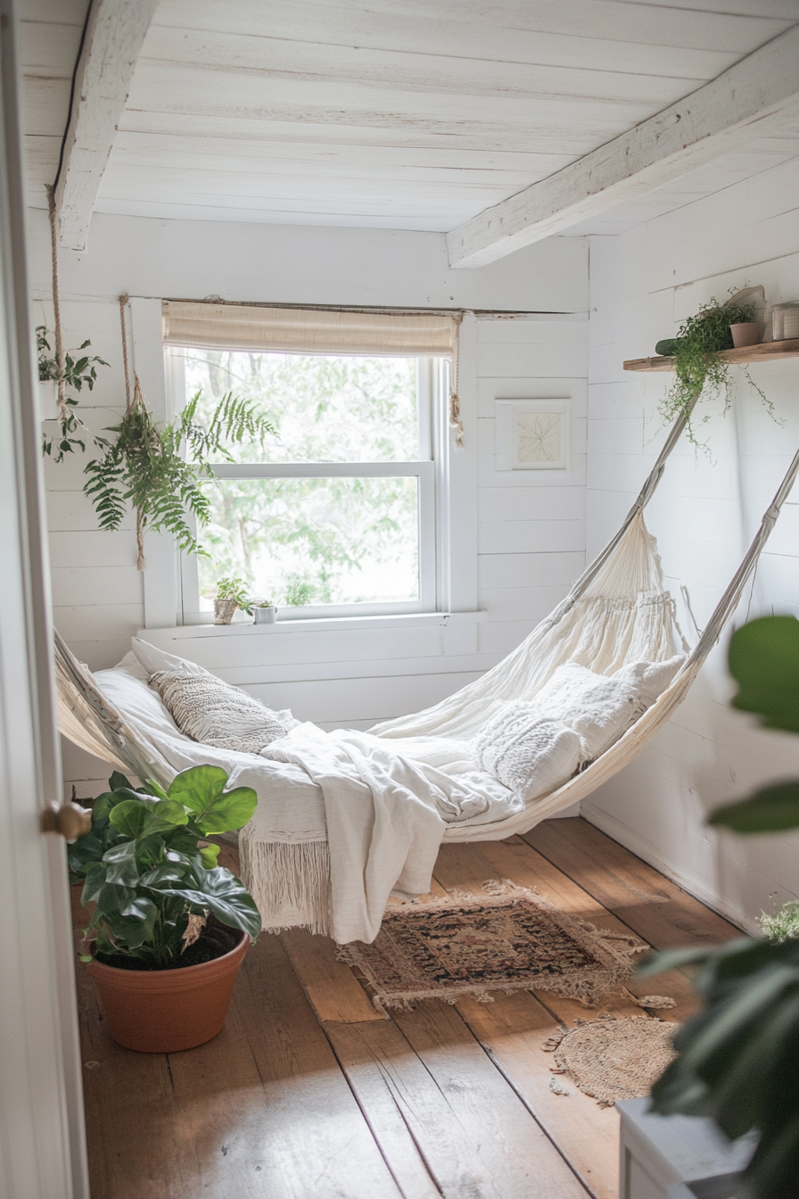 Natural tiny house bedroom. Hammock bed, wooden floors, white walls, potted plants.